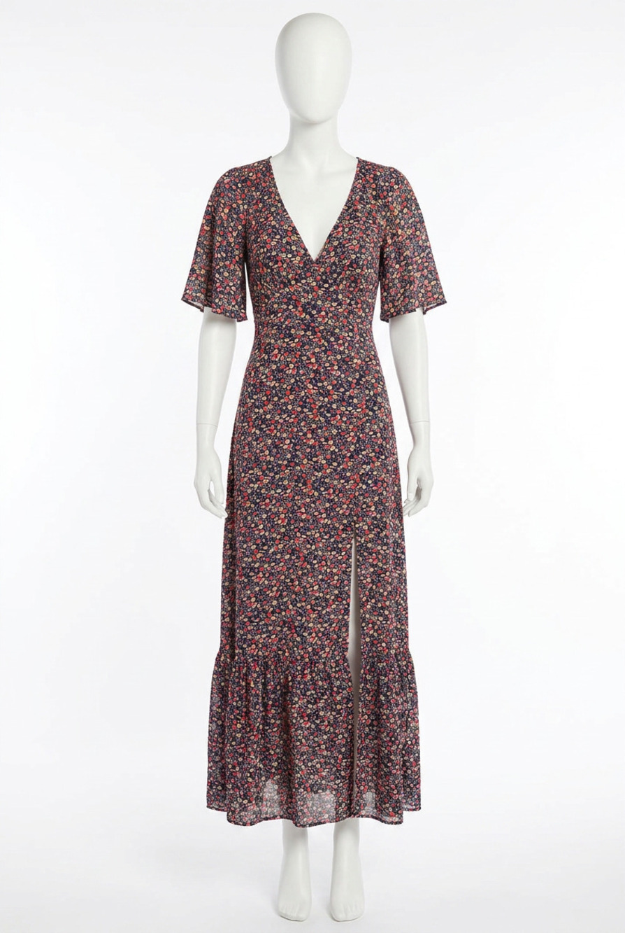 NEW LOVESTITCH vintage floral print flutter sleeve maxi dress in black/fuchsia